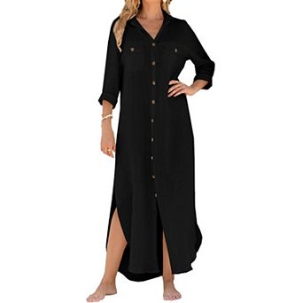 Women Cotton Long Sleeve Button Down Beach Cover Up Maxi Dress Vacation Wear