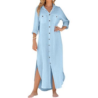 Women Cotton Long Sleeve Button Down Beach Cover Up Maxi Dress Vacation Wear