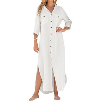 Women Cotton Long Sleeve Button Down Beach Cover Up Maxi Dress Vacation Wear