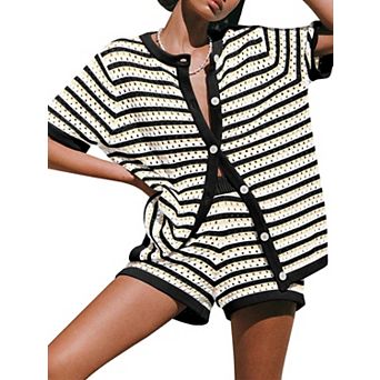 Womens 2 pc Crochet Knit Beach Cover Up Set Short Sleeve Casual Loose Fit