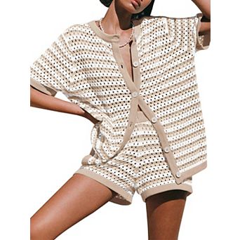Womens 2 pc Crochet Knit Beach Cover Up Set Short Sleeve Casual Loose Fit