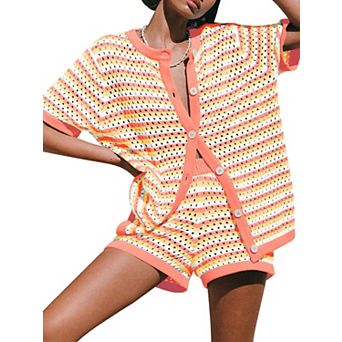 Womens 2 pc Crochet Knit Beach Cover Up Set Short Sleeve Casual Loose Fit