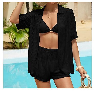 Womens 2 Pcs Short Sleeve Open Front Hollow Out Swimsuit Cover Up Set