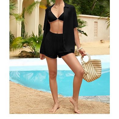 Womens 2 Pcs Short Sleeve Open Front Hollow Out Swimsuit Cover Up Set