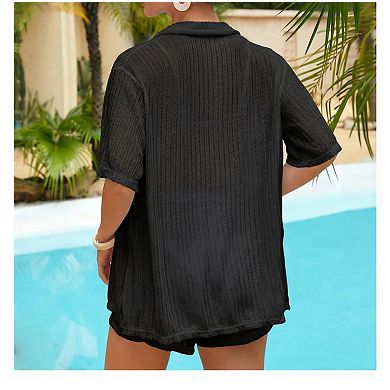 Womens 2 Pcs Short Sleeve Open Front Hollow Out Swimsuit Cover Up Set