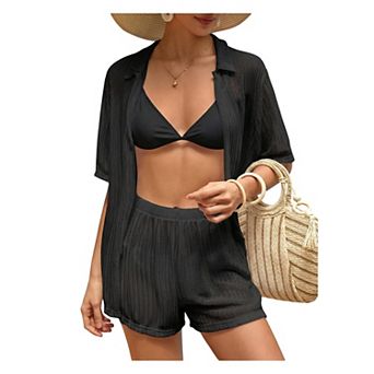 Womens 2 pc Short Sleeve Open Front Hollow Out Swimsuit Cover Up Set