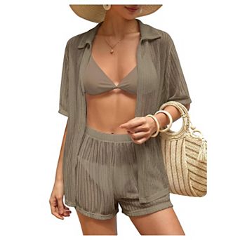Womens 2 pc Short Sleeve Open Front Hollow Out Swimsuit Cover Up Set