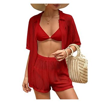 Womens 2 pc Short Sleeve Open Front Hollow Out Swimsuit Cover Up Set
