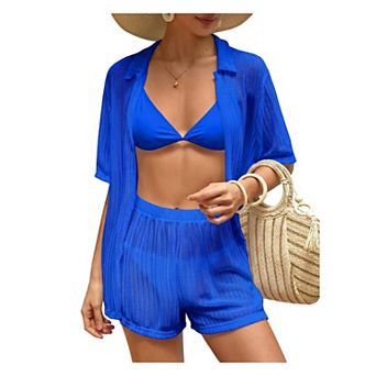 Womens 2 pc Short Sleeve Open Front Hollow Out Swimsuit Cover Up Set