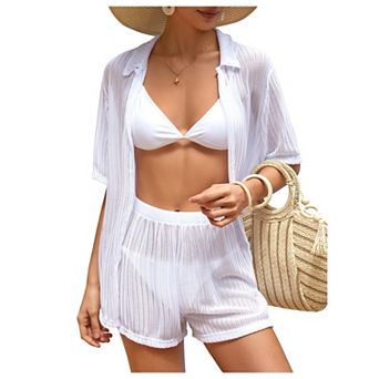 Womens 2 pc Short Sleeve Open Front Hollow Out Swimsuit Cover Up Set