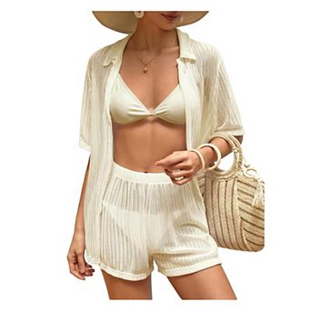 Womens 2 pc Short Sleeve Open Front Hollow Out Swimsuit Cover Up Set