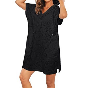 Oversized Hooded Terry Cloth Swimsuit Cover Up Dress With Pockets