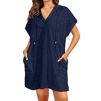 Oversized Hooded Terry Cloth Swimsuit Cover Up Dress With Pockets