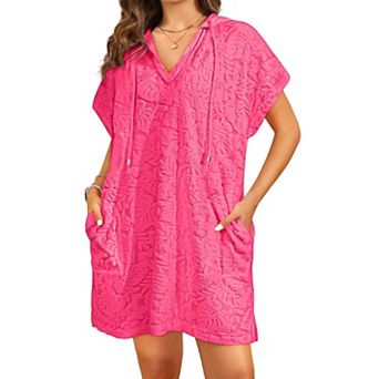 Oversized Hooded Terry Cloth Swimsuit Cover Up Dress With Pockets