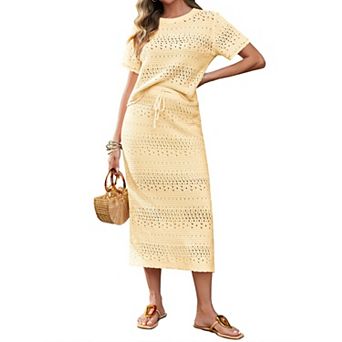 Womens 2 pc Crochet Cover Up Set Short Sleeve Knit Midi Vacation Outfits