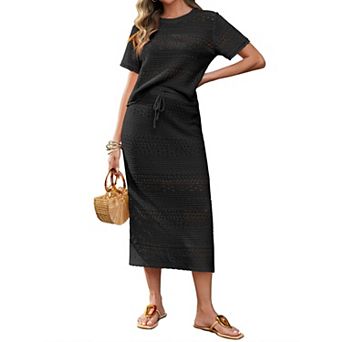 Womens 2 pc Crochet Cover Up Set Short Sleeve Knit Midi Vacation Outfits