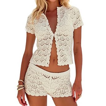 Womens 2 pc Crochet Beach Cover Up Set Boho Vacation Outfits