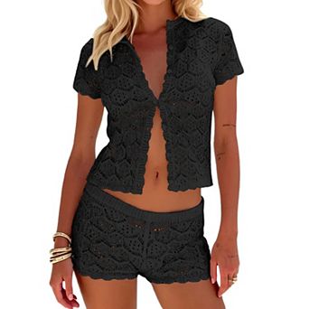 Womens 2 pc Crochet Beach Cover Up Set Boho Vacation Outfits
