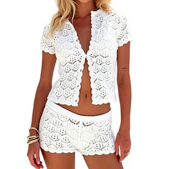 Womens 2 pc Crochet Beach Cover Up Set Boho Vacation Outfits