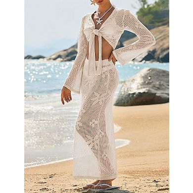 Womens 2 Pcs Crochet Beach Cover Up Set V Neck Long Sleeve Boho Wrap Tie