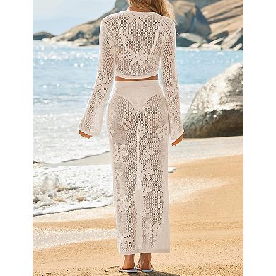 Womens 2 Pcs Crochet Beach Cover Up Set V Neck Long Sleeve Boho Wrap Tie