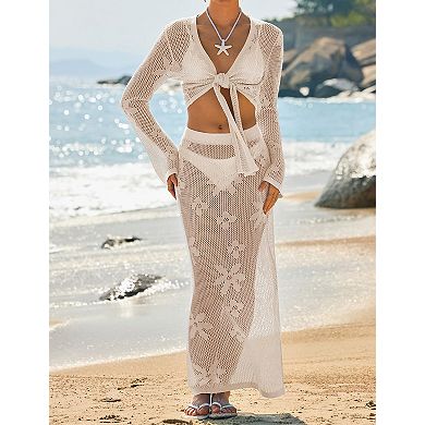 Womens 2 Pcs Crochet Beach Cover Up Set V Neck Long Sleeve Boho Wrap Tie