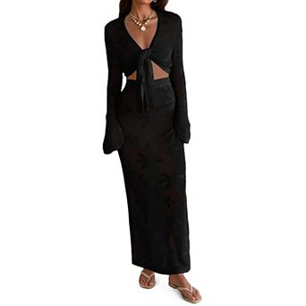 Womens 2 pc Crochet Beach Cover Up Set V Neck Long Sleeve Boho Wrap Tie