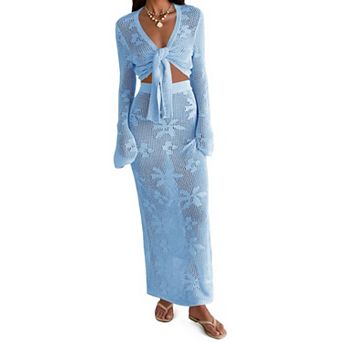 Womens 2 pc Crochet Beach Cover Up Set V Neck Long Sleeve Boho Wrap Tie