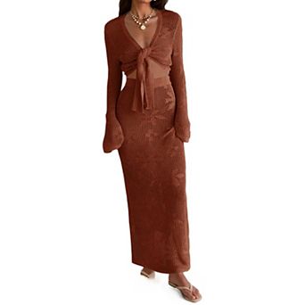 Womens 2 pc Crochet Beach Cover Up Set V Neck Long Sleeve Boho Wrap Tie