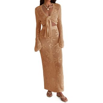 Womens 2 pc Crochet Beach Cover Up Set V Neck Long Sleeve Boho Wrap Tie