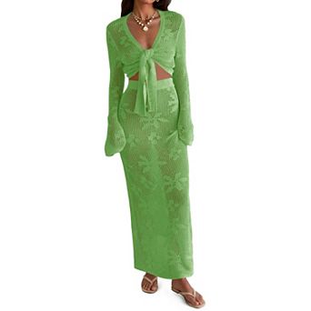 Womens 2 pc Crochet Beach Cover Up Set V Neck Long Sleeve Boho Wrap Tie