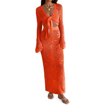 Womens 2 pc Crochet Beach Cover Up Set V Neck Long Sleeve Boho Wrap Tie