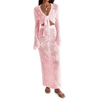 Womens 2 pc Crochet Beach Cover Up Set V Neck Long Sleeve Boho Wrap Tie