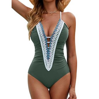Women's Tummy Control Plunge One Piece Swimsuit Ruched Lace Trim Swimwear