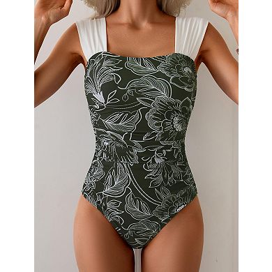 Retro Square Neck Tummy Control Ruched Womens Bathing Suit Swimwear