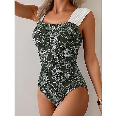 Retro Square Neck Tummy Control Ruched Womens Bathing Suit Swimwear