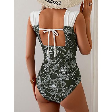 Retro Square Neck Tummy Control Ruched Womens Bathing Suit Swimwear