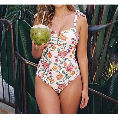 Women's Tummy Control V Neck Boho Tie Shoulder Ruched One Piece Swimwear