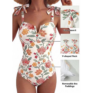 Women's Tummy Control V Neck Boho Tie Shoulder Ruched One Piece Swimwear