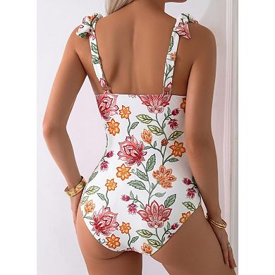 Women's Tummy Control V Neck Boho Tie Shoulder Ruched One Piece Swimwear
