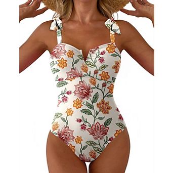 Women's Tummy Control V Neck Boho Tie Shoulder Ruched One Piece Swimwear
