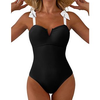 Women's Tummy Control V Neck Boho Tie Shoulder Ruched One Piece Swimwear