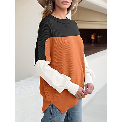 Women Batwing Long Sleeve Crewneck Knit Side Slit Pullover
