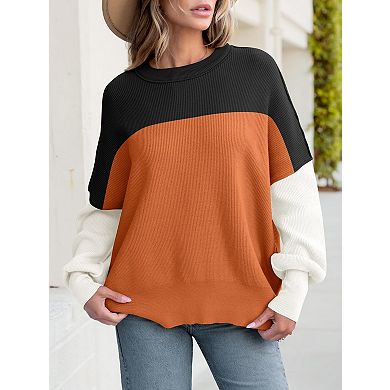 Women Batwing Long Sleeve Crewneck Knit Side Slit Pullover