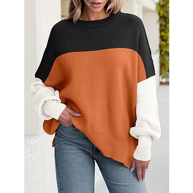 Women Batwing Long Sleeve Crewneck Knit Side Slit Pullover
