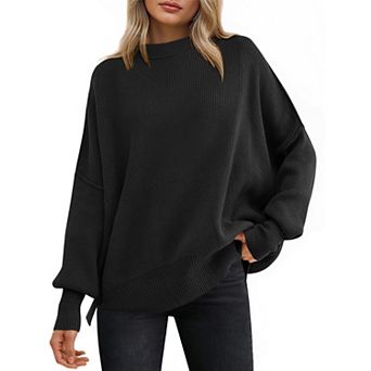 Women Batwing Long Sleeve Crewneck Knit Side Slit Pullover