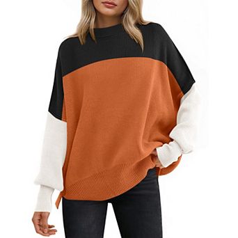 Women Batwing Long Sleeve Crewneck Knit Side Slit Pullover