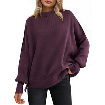 Women Batwing Long Sleeve Crewneck Knit Side Slit Pullover