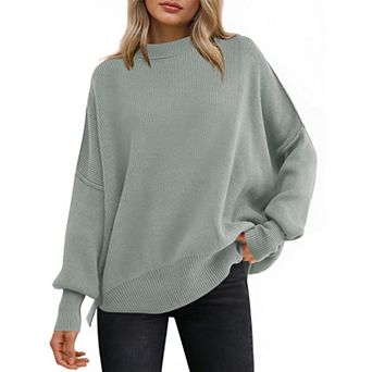 Women Batwing Long Sleeve Crewneck Knit Side Slit Pullover
