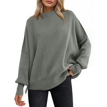 Women Batwing Long Sleeve Crewneck Knit Side Slit Pullover